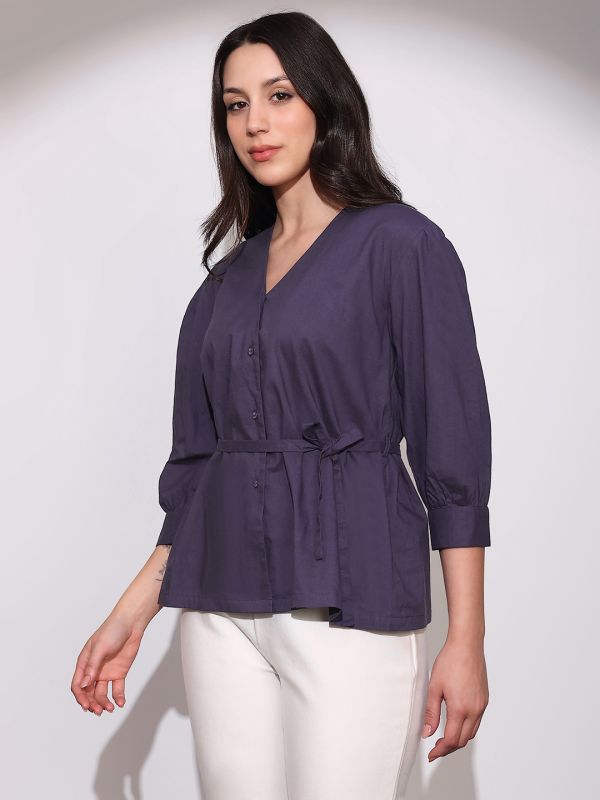 Globus Women Purple V-Neck Cuffed Sleeves Tie-Up Detail Workwear Tailored Fit Shirt