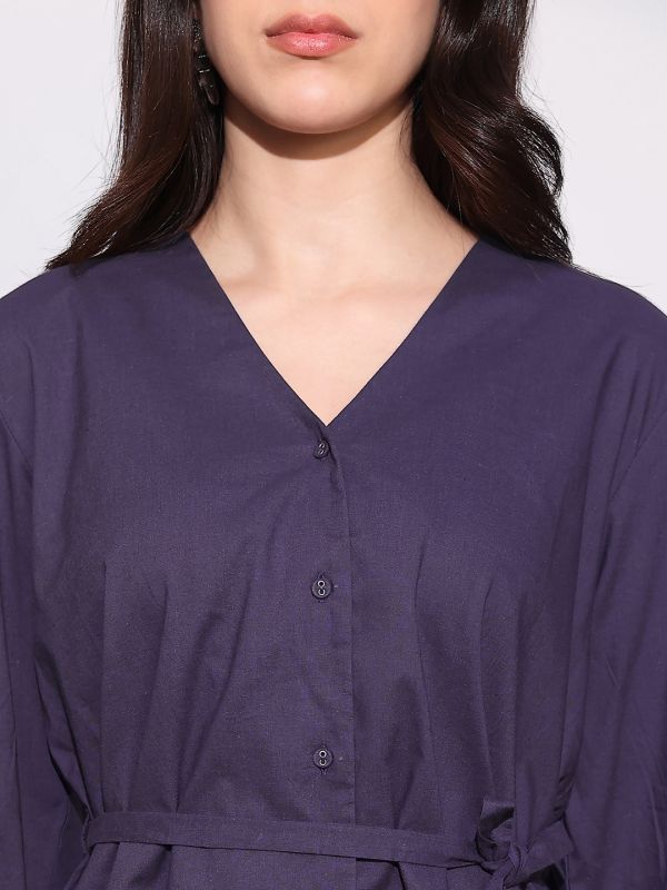 Globus Women Purple V-Neck Cuffed Sleeves Tie-Up Detail Workwear Tailored Fit Shirt