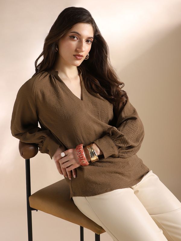 Globus Women Brown Mandarin Neck Raglan Cuffed Sleeves Self Design Gathered Detail Workwear Top