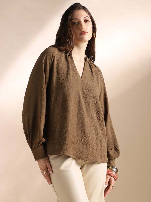 Globus Women Brown Mandarin Neck Raglan Cuffed Sleeves Self Design Gathered Detail Workwear Top