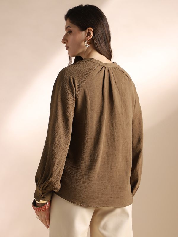 Globus Women Brown Mandarin Neck Raglan Cuffed Sleeves Self Design Gathered Detail Workwear Top