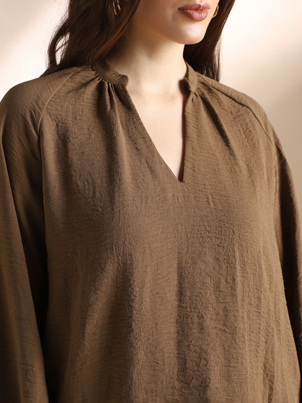 Globus Women Brown Mandarin Neck Raglan Cuffed Sleeves Self Design Gathered Detail Workwear Top