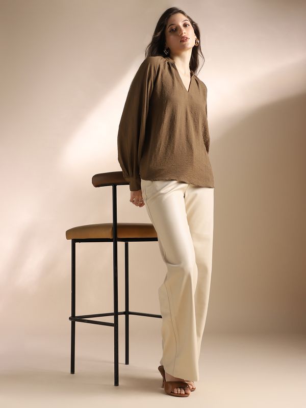 Globus Women Brown Mandarin Neck Raglan Cuffed Sleeves Self Design Gathered Detail Workwear Top