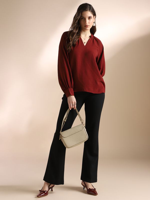 Globus Women Maroon Mandarin Neck Raglan Cuffed Sleeves Self Design Gathered Detail Workwear Top
