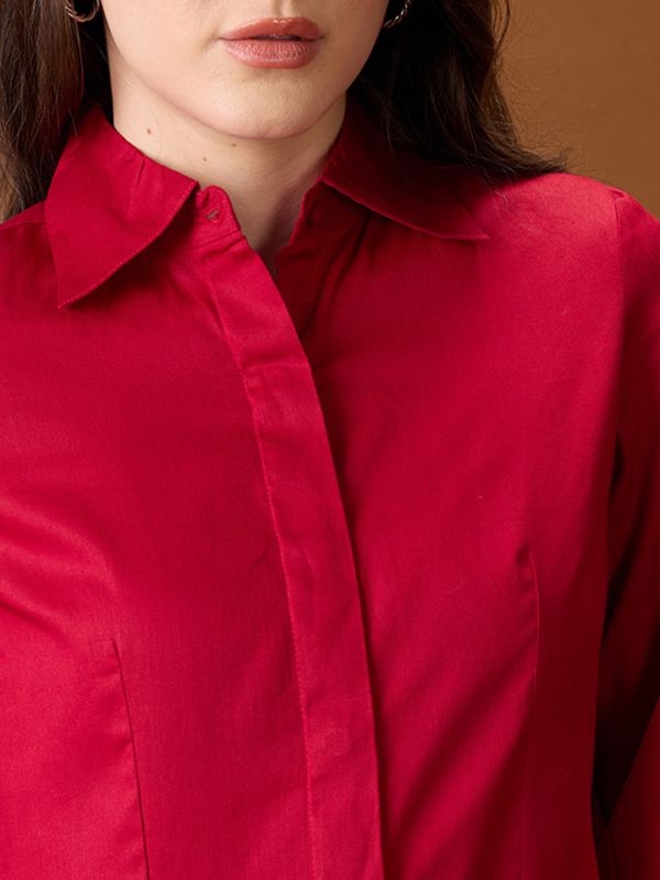 Globus Women Maroon Collared Neck Pleated Cuffed Sleeves Solid Curved Hem Workwear Shirt