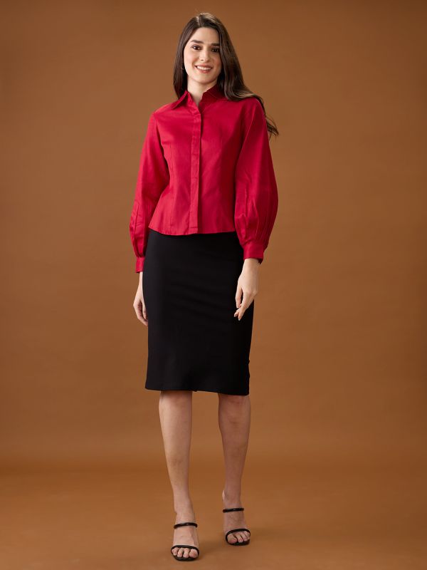 Globus Women Maroon Collared Neck Pleated Cuffed Sleeves Solid Curved Hem Workwear Shirt
