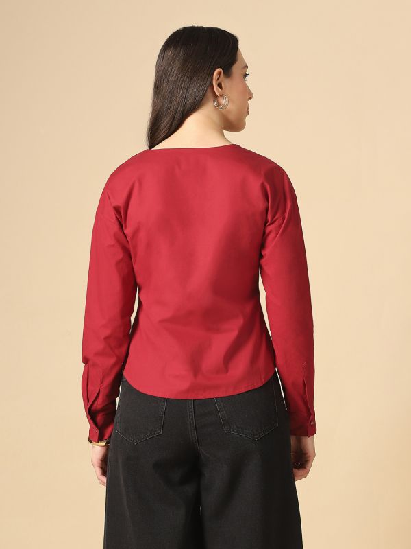 Globus Women Maroon V-Neck Cuffed Sleeves Solid Curved Hem Workwear Shirt