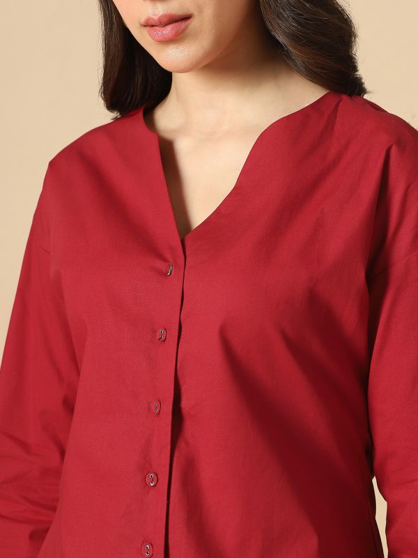 Globus Women Maroon V-Neck Cuffed Sleeves Solid Curved Hem Workwear Shirt