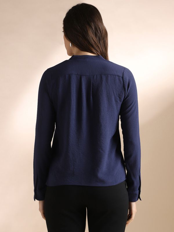 Globus Women Navy Blue V-Neck Cuffed Sleeves Self Design Workwear Top