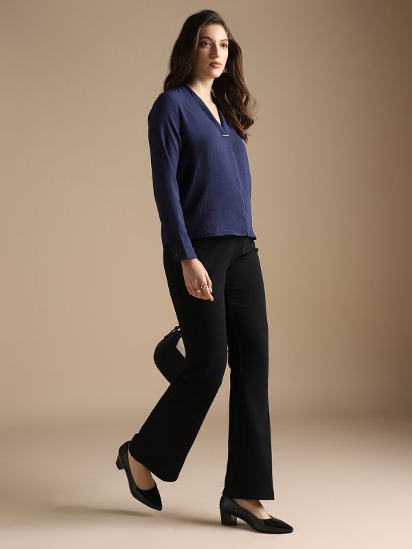 Globus Women Navy Blue V-Neck Cuffed Sleeves Self Design Workwear Top