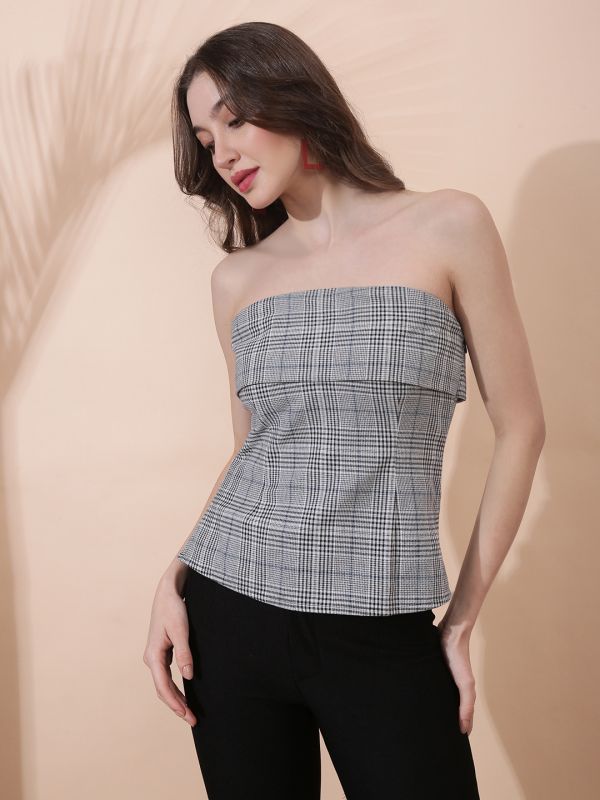 Globus Women Black Checkered Self Design Off Shoulder Back Tie-Up Tube Top