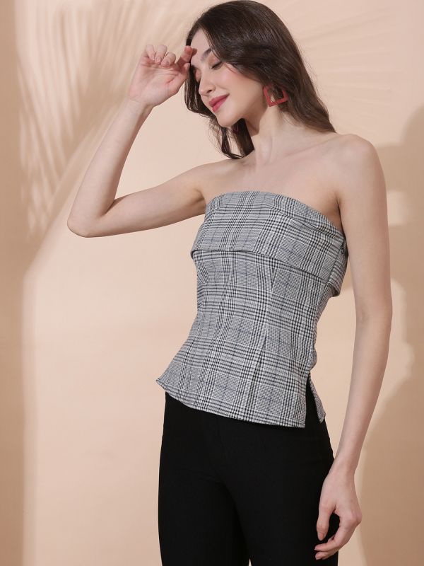 Globus Women Black Checkered Self Design Off Shoulder Back Tie-Up Tube Top