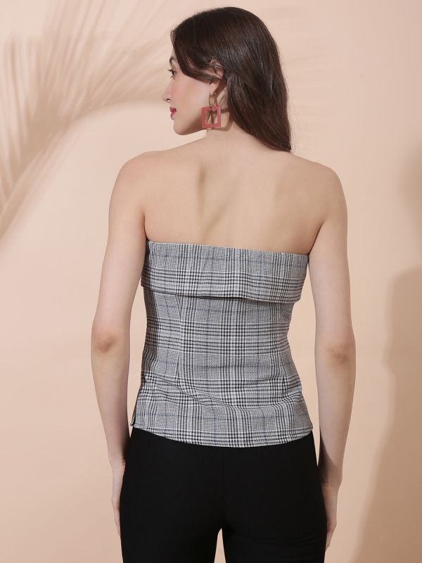 Globus Women Black Checkered Self Design Off Shoulder Back Tie-Up Tube Top