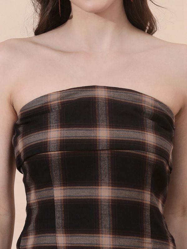 Globus Women Multi Checkered Self Design Off Shoulder Back Tie-Up Tube Top
