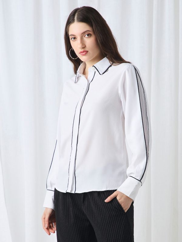 Globus Women White Collared Neck Cuffed Sleeves Piping Detail Workwear Shirt