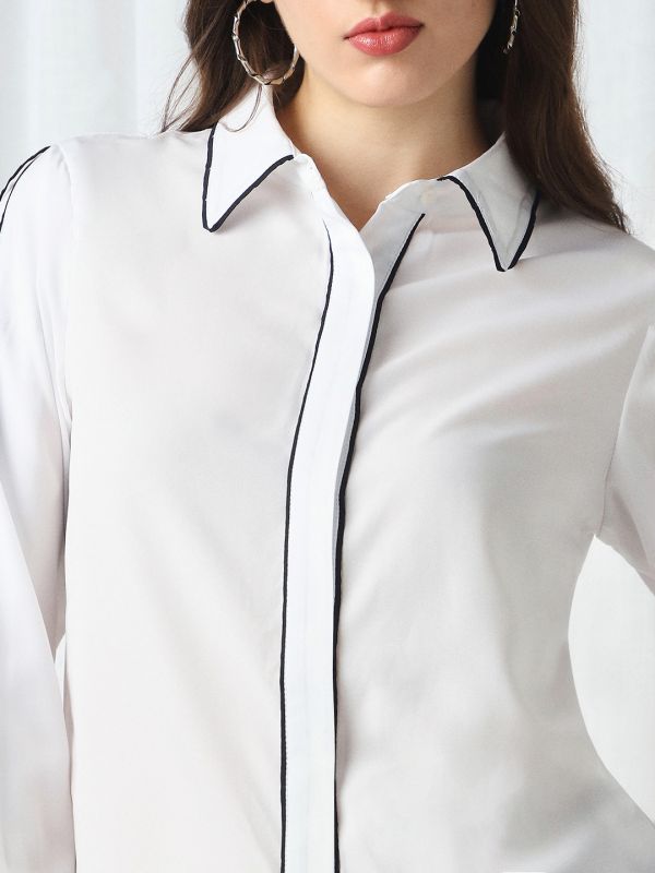 Globus Women White Collared Neck Cuffed Sleeves Piping Detail Workwear Shirt