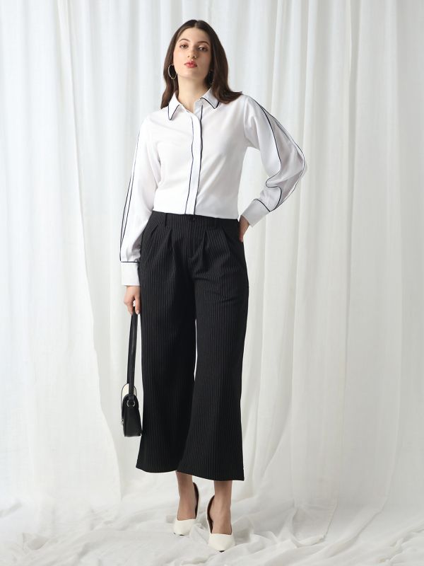 Globus Women White Collared Neck Cuffed Sleeves Piping Detail Workwear Shirt