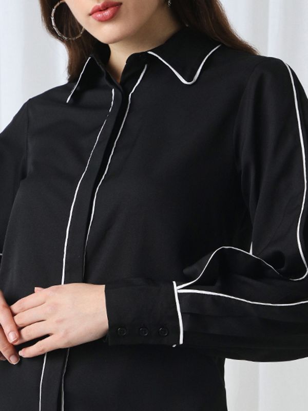 Globus Women Black Collared Neck Cuffed Sleeves Piping Detail Workwear Shirt
