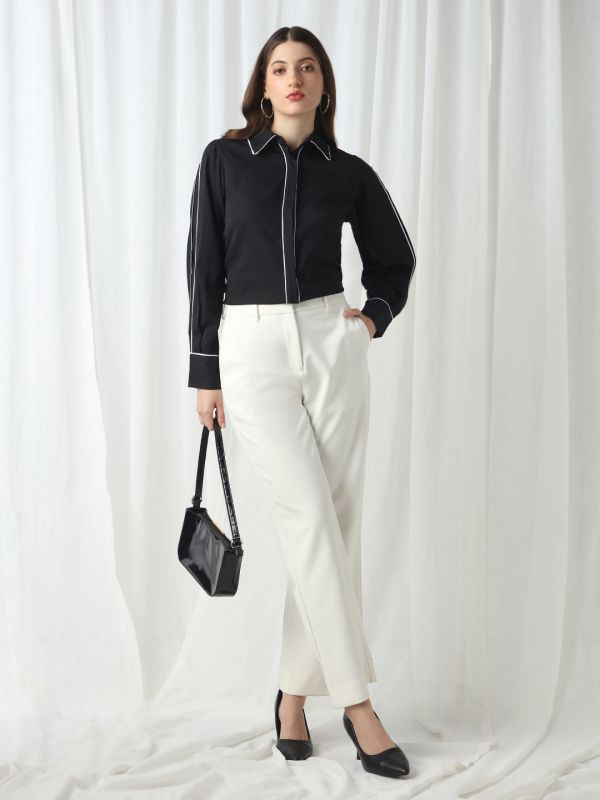 Globus Women Black Collared Neck Cuffed Sleeves Piping Detail Workwear Shirt