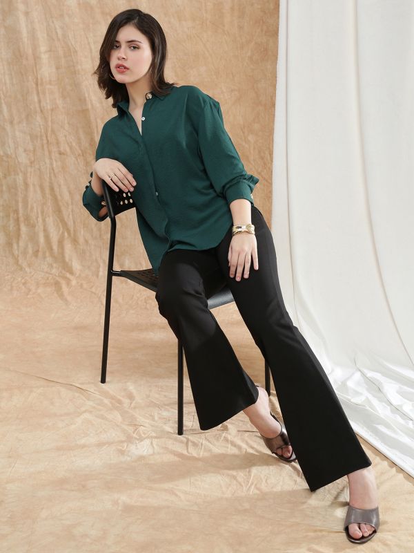 Globus Women Teal Spread Collar Cuffed Sleeve Curved Hem Oversized Formal Shirt