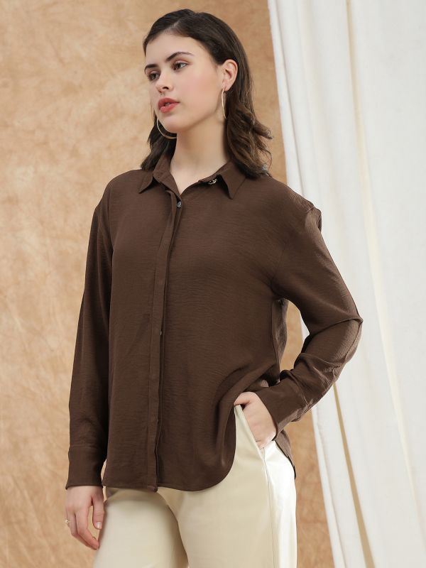 Globus Women Brown Spread Collar Cuffed Sleeve Curved Hem Oversized Formal Shirt