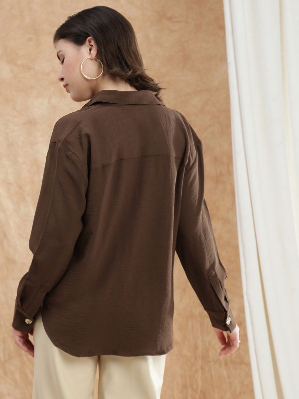Globus Women Brown Spread Collar Cuffed Sleeve Curved Hem Oversized Formal Shirt