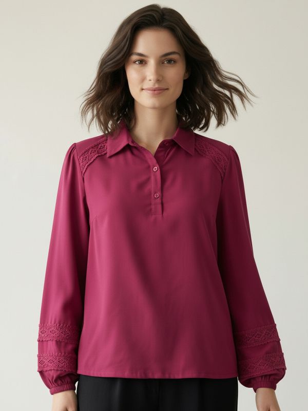 Globus Women Pink Collared Neck Bishop Sleeves Lace Insert Detail Shirt Style Top