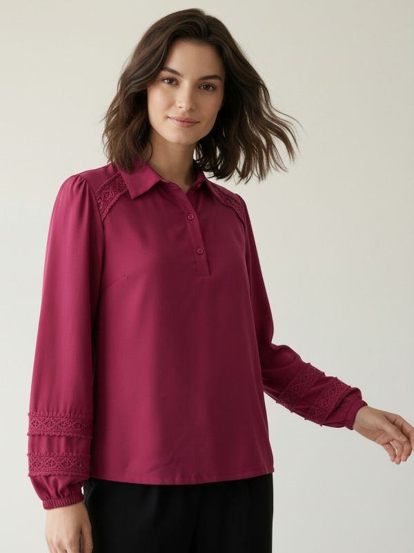 Globus Women Pink Collared Neck Bishop Sleeves Lace Insert Detail Shirt Style Top
