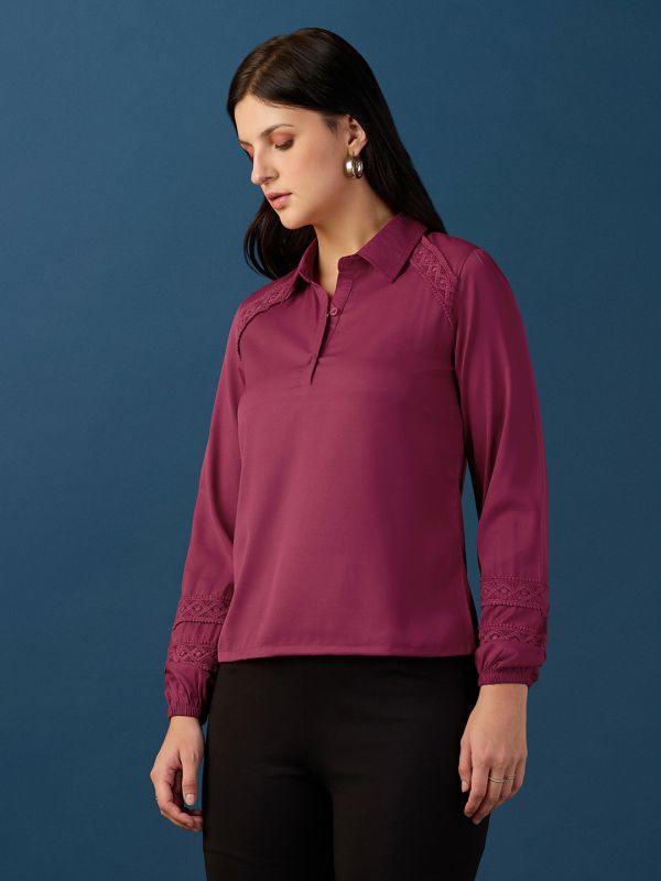 Globus Women Pink Collared Neck Bishop Sleeves Lace Insert Detail Shirt Style Top