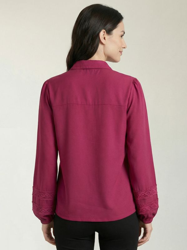 Globus Women Pink Collared Neck Bishop Sleeves Lace Insert Detail Shirt Style Top