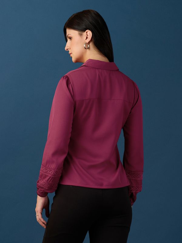 Globus Women Pink Collared Neck Bishop Sleeves Lace Insert Detail Shirt Style Top