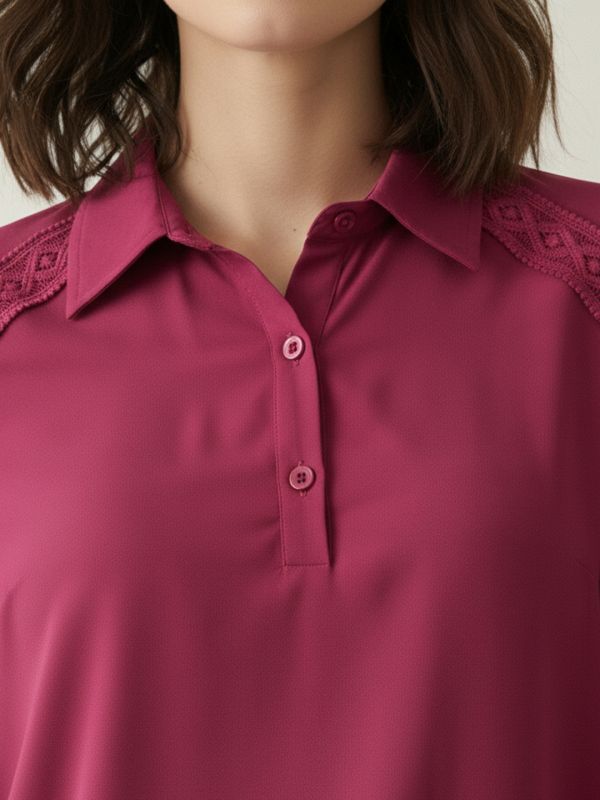 Globus Women Pink Collared Neck Bishop Sleeves Lace Insert Detail Shirt Style Top