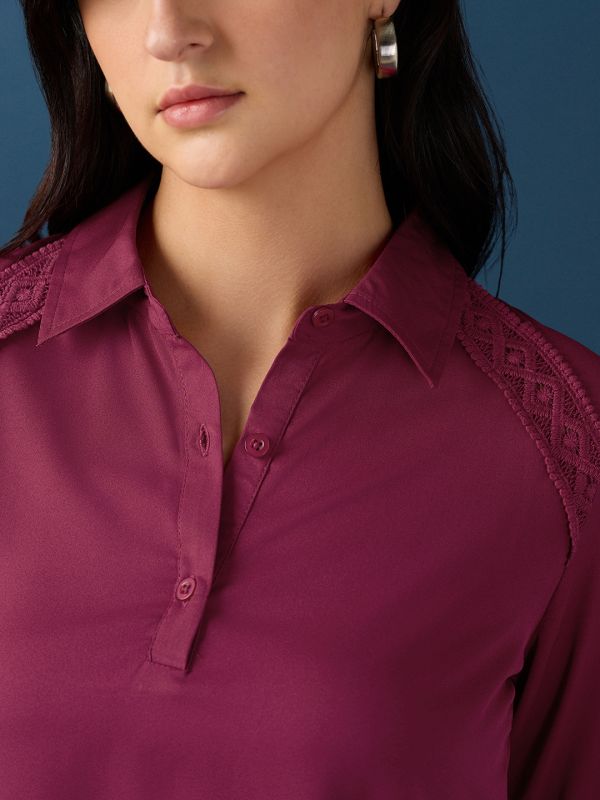 Globus Women Pink Collared Neck Bishop Sleeves Lace Insert Detail Shirt Style Top