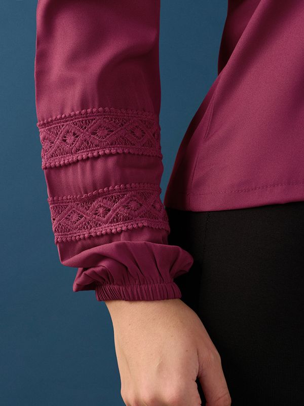 Globus Women Pink Collared Neck Bishop Sleeves Lace Insert Detail Shirt Style Top