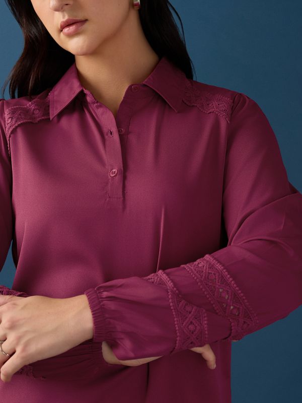 Globus Women Pink Collared Neck Bishop Sleeves Lace Insert Detail Shirt Style Top