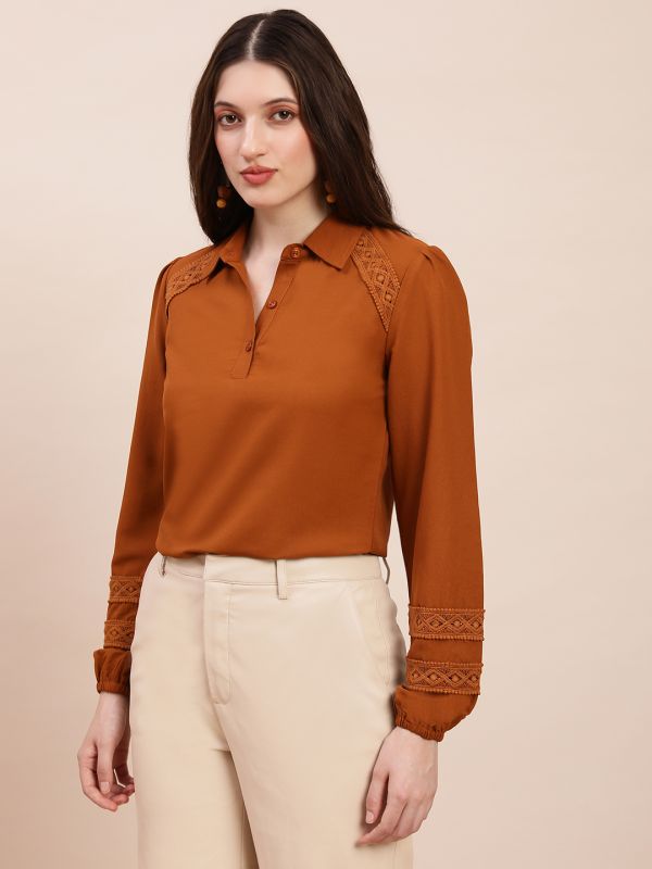 Globus Women Brown Collared Neck Bishop Sleeves Lace Inserts Shirt Style Workwear Top