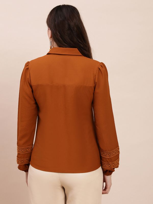 Globus Women Brown Collared Neck Bishop Sleeves Lace Inserts Shirt Style Workwear Top