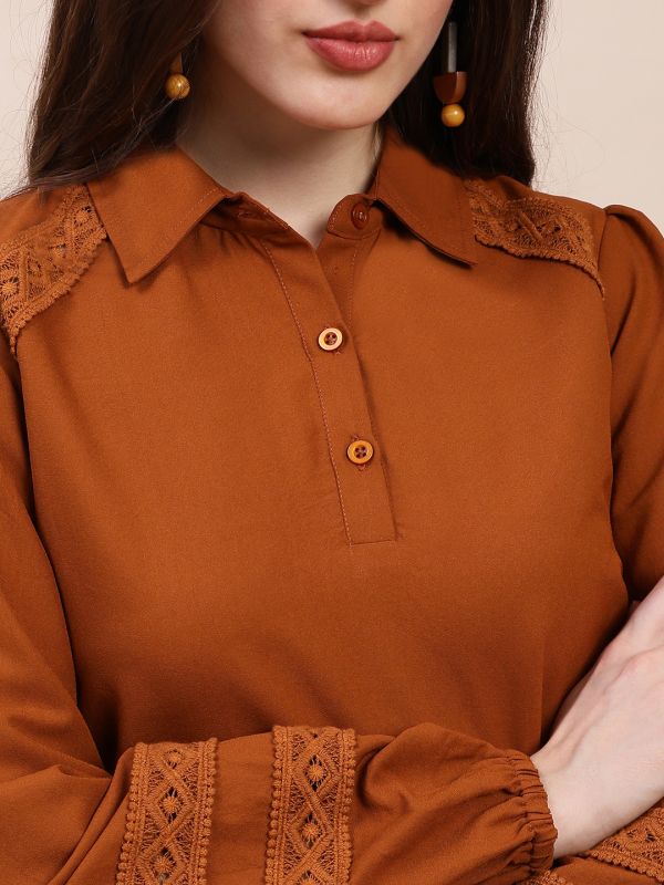 Globus Women Brown Collared Neck Bishop Sleeves Lace Inserts Shirt Style Workwear Top