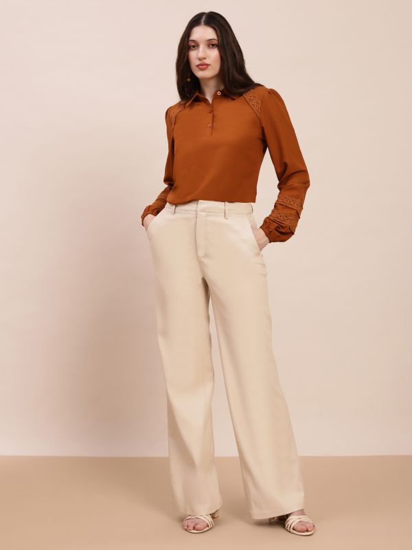 Globus Women Brown Collared Neck Bishop Sleeves Lace Inserts Shirt Style Workwear Top