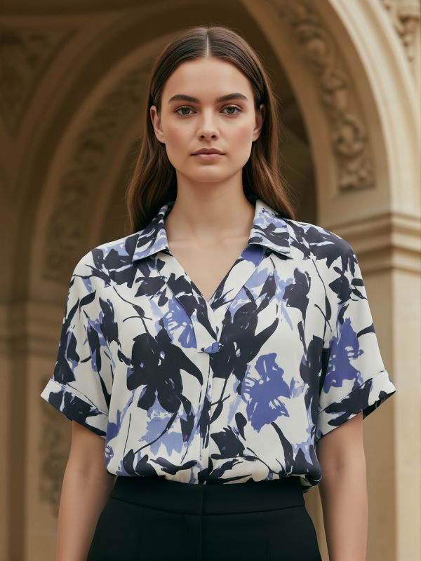 Globus Women Blue Floral Print Collared V-Neck Extended Sleeves Pleated Detail Top