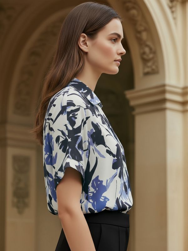 Globus Women Blue Floral Print Collared V-Neck Extended Sleeves Pleated Detail Top