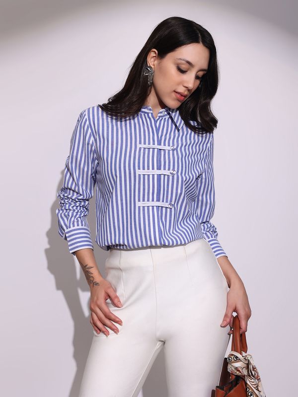 Globus Women Blue Striped Collared Neck Cuffed Sleeves Chinese Tab Oversized Workwear Shirt