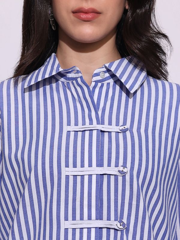 Globus Women Blue Striped Collared Neck Cuffed Sleeves Chinese Tab Oversized Workwear Shirt
