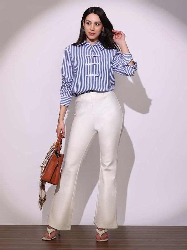 Globus Women Blue Striped Collared Neck Cuffed Sleeves Chinese Tab Oversized Workwear Shirt