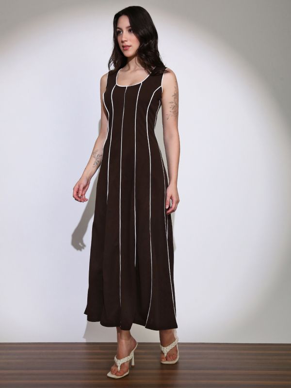 Globus Women Brown Scoop Neck Stripes Design Flared Hem A-Line Maxi Dress