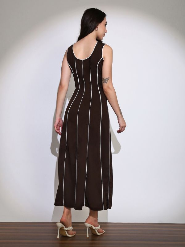 Globus Women Brown Scoop Neck Stripes Design Flared Hem A-Line Maxi Dress