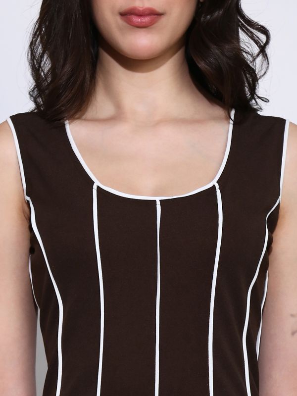 Globus Women Brown Scoop Neck Stripes Design Flared Hem A-Line Maxi Dress