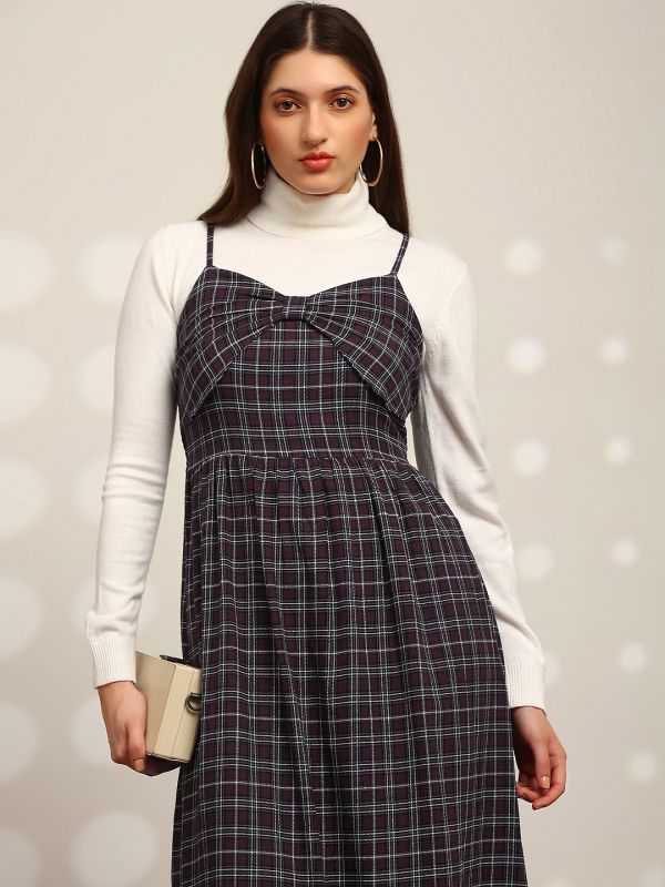 Globus Women Red Checkered Strappy Sleeves Sweetheart Neck Bow Detail Smocked Tiered Fit & Flare Maxi Dress