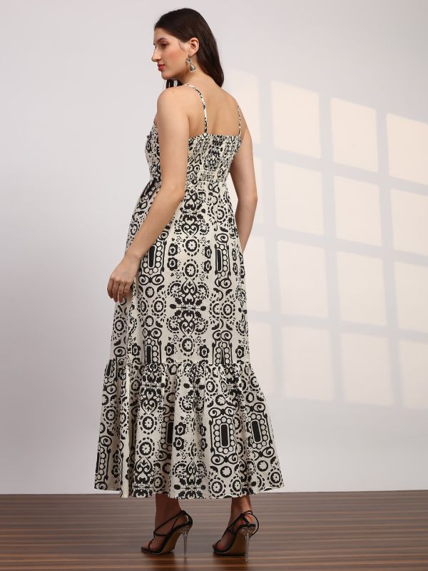 Globus Women Black Ethnic Printed V-Neck Strappy Sleeves Smocked Tiered Fit & Flare Maxi Dress