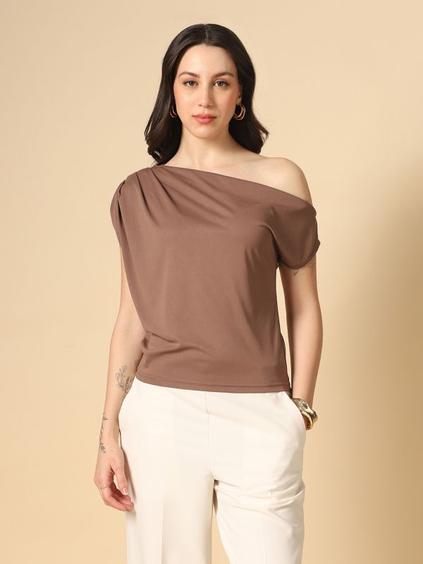 Globus Women Brown One Shoulder Extended Sleeve Gathered & Pleated detail Party Top